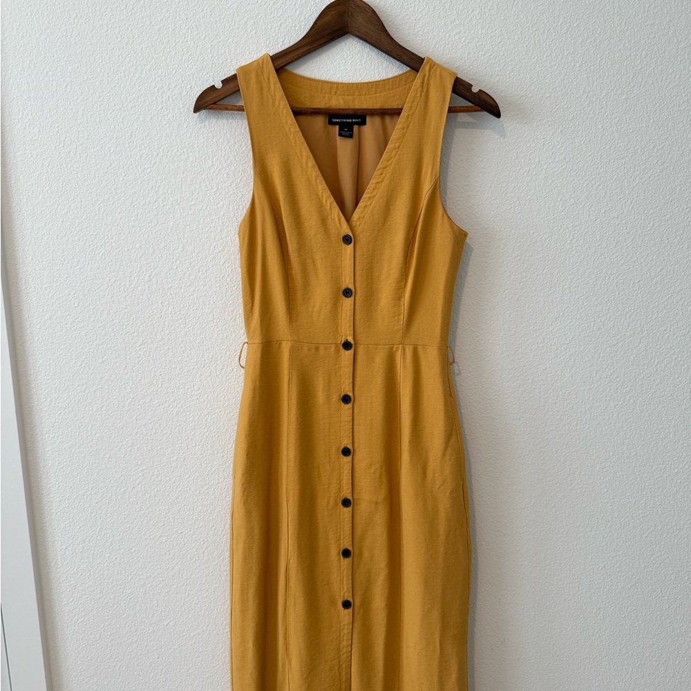 Something Navy Lined Mustard Button-Down Dress Xs - image 1